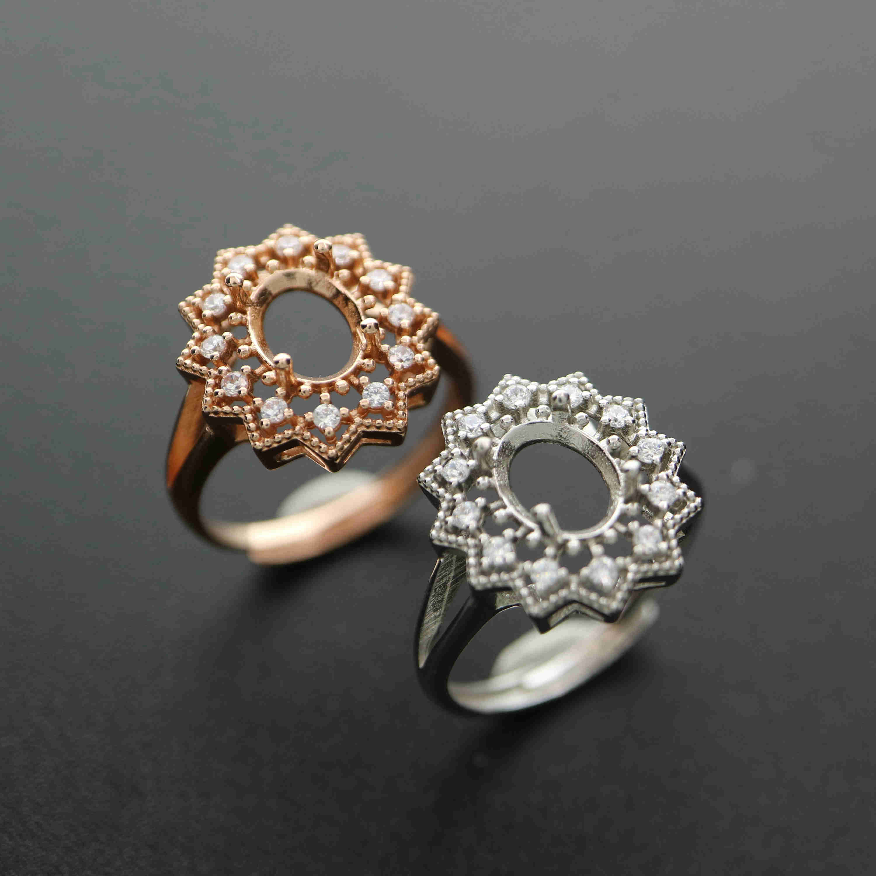 1Pcs Multiple Sizes Luxury Lace Rose Gold Silver Oval Gems Cz Stone Prong Bezel Solid 925 Sterling Silver Adjustable Ring Settings 1224014 - Click Image to Close